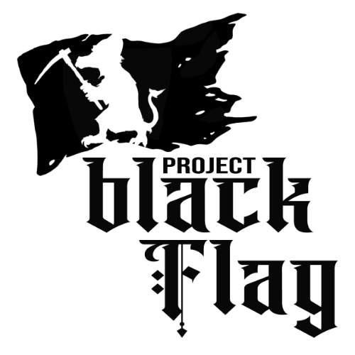Das Project Black Flag Logo. Die Silhouette des Kobold Press Logos (ein Kobold) vor der Silhouette einer schwarzen Flagge. Darunter der Schriftzug "PROJECT black Flag"