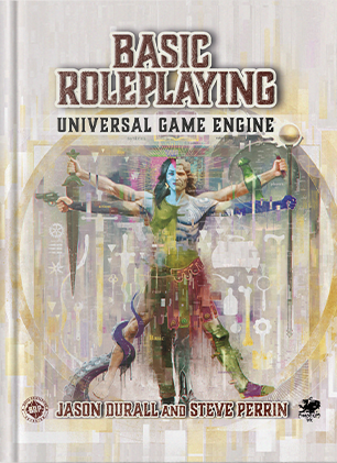 Das Buch Basic Roleplaying Universal Game Engine zeigt auf dem Titel eine an DaVincis Schema de la Proporzioni angelehnte Figurendarstellung, die Elemente aus den unterschiedlichsten Rollenspielwelten/-systemen vereint